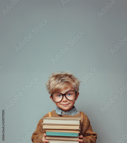 Smart School Boy with Books and Glasses – Academic Studio Portrait