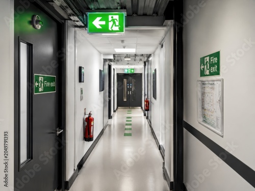 Long corridor with fire exit signs, emergency lighting, and fire extinguishers visible along the walls in a modern building interior