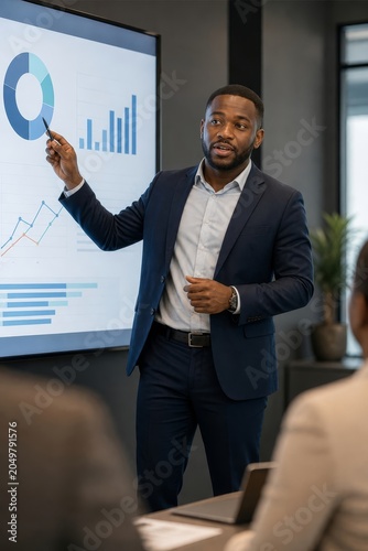 Confident african american businessman in a suit presents a financial graph on a large screen, pointing with a pen to his diverse audience.
