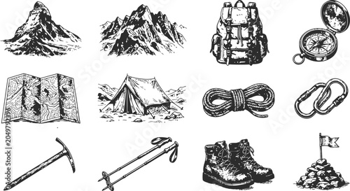 Vintage engraving illustrations of mountain climbing gear and landscapes during a serene adventure