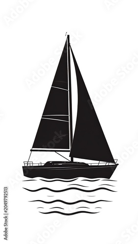 A black and white image of a sailboat on water with two sails up