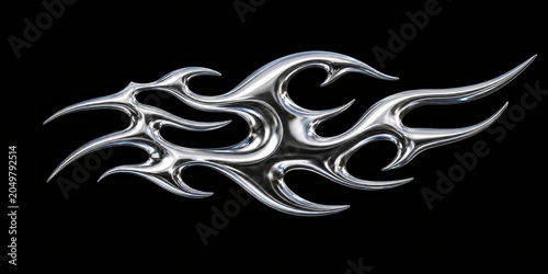 Stylized metallic flame graphic with sharp edges and a chrome-like finish evokes power and intensity against a dark background.