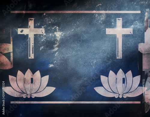 Two Crosses and Lotus Flowers on Dark Background.