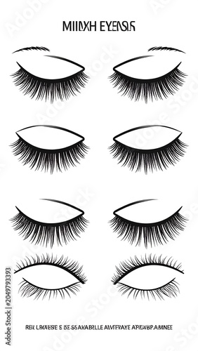 A black and white image of six pairs of eyelashes with varying lengths and densities