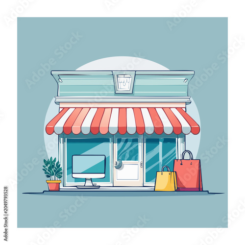 Illustration of a retail store facade with shopping bags