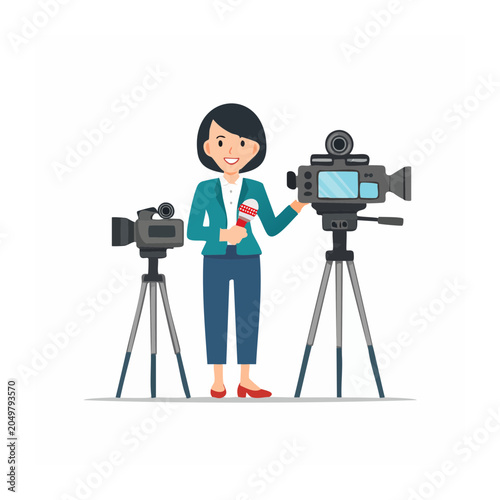 Reporter with microphone and cameras on tripods