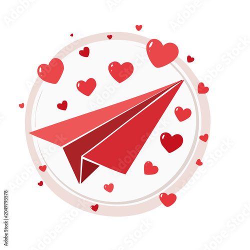Red paper airplane with hearts in a circle