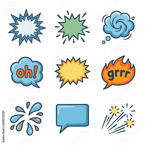 Collection of comic book speech bubbles and sound effects.