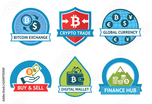 Flat vector set of finance and cryptocurrency emblems isolated on white. Collection of modern badges for bitcoin exchange, crypto trade, global currency market and digital wallet.