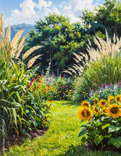 Vibrant Garden Path with Sunflowers and Greenery.
