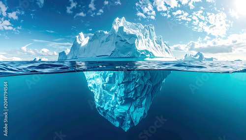 Above and below waterline view of a massive iceberg in a polar ocean, showing its submerged crystalline structure, dramatic lighting