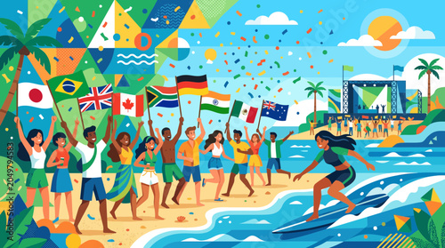 Canvas Print Diverse crowd celebrates on beach with flags and music festival, surfing woman