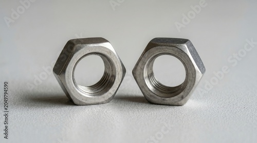 Foto Two shiny metal nuts side by side on a plain surface