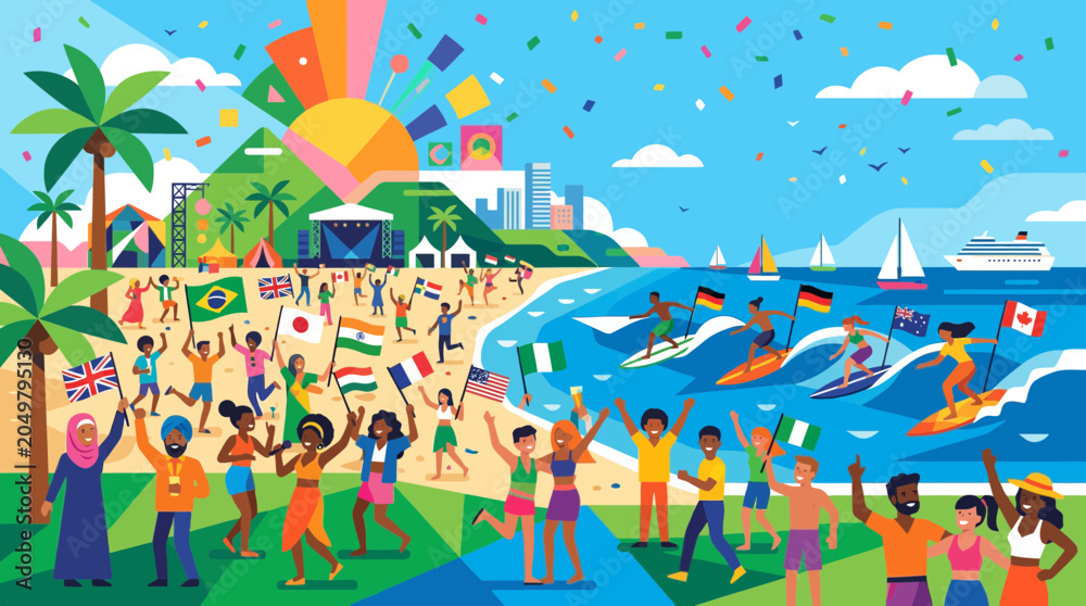 Obraz premium Multicultural crowd celebrating summer festival on beach with flags, surfing, and concert stage