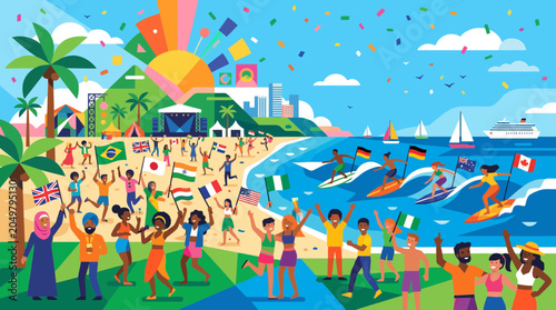 Multicultural crowd celebrating summer festival on beach with flags, surfing, and concert stage