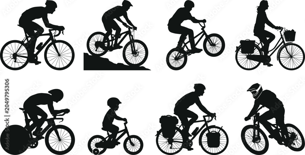 Naklejka premium Set of diverse cyclist silhouettes riding various types of bicycles including mountain, road, BMX, and commuter bikes