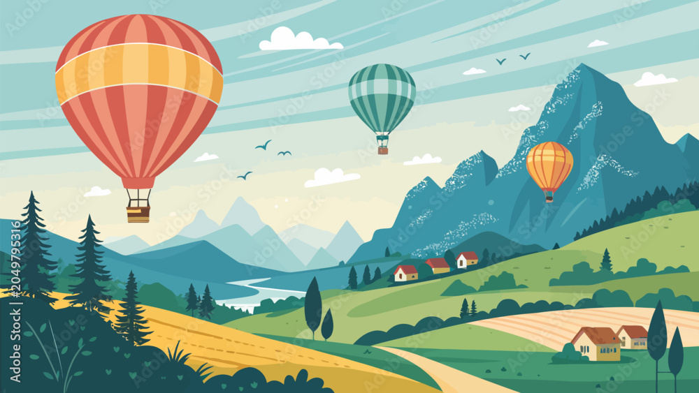Naklejka premium Scenic landscape with hot air balloons flying over a mountain valley, featuring rolling green hills, a winding river, and small village houses