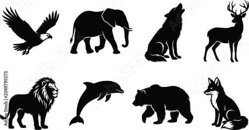 Photography Wild animal silhouette vector collection featuring eagle, elephant, howling wolf, stag, lion, dolphin, bear, and fox