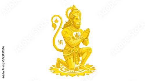 Foto Golden Hanuman Statue, Hindu Deity, Praying Pose, White Background, Religious Ic