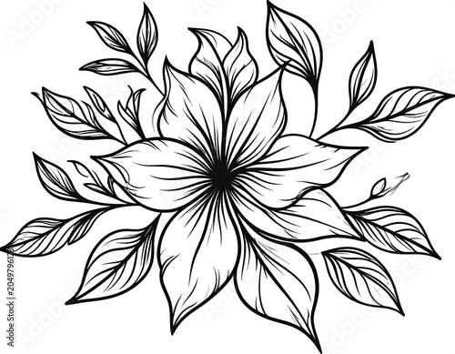 A black and white line drawing of a large flower surrounded by foliage