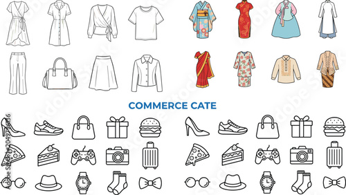 Photos Vector set of e-commerce shopping icons featuring traditional Asian outfits, women fashion apparel, and retail category symbols