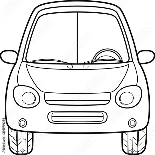 A black and white line drawing of a small car's front view