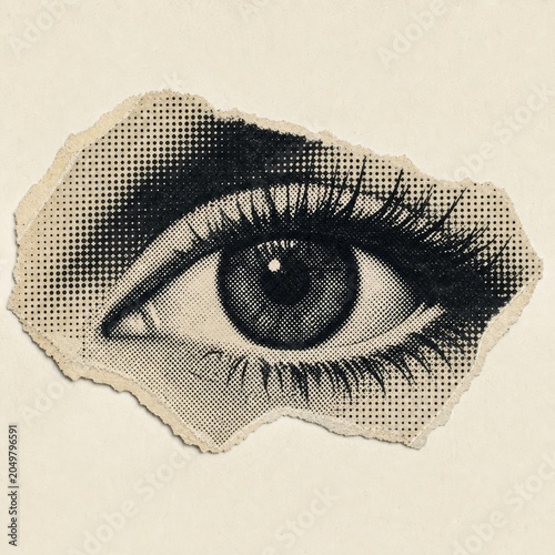 Torn piece of vintage paper features a stark, high-contrast halftone illustration of a human eye with thick lashes.