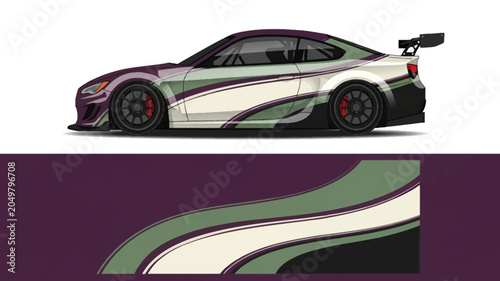 Profile of a sleek racecar with white, green, and purple livery beside an abstract road design.