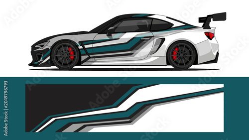 Stylized racing car illustration with teal accents and bold spoiler.