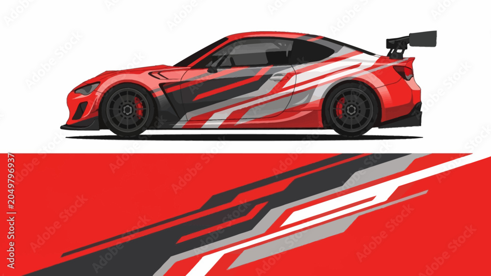 Fototapeta premium Red racing sports car with bold black and white graphic stripes, side view.