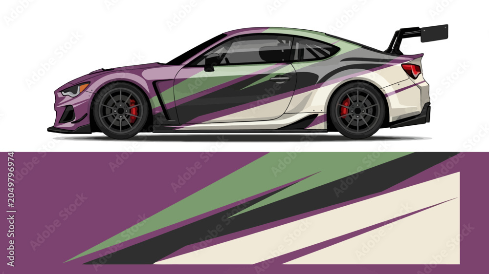 Fototapeta premium Sleek race car with bold graphics and abstract background design.