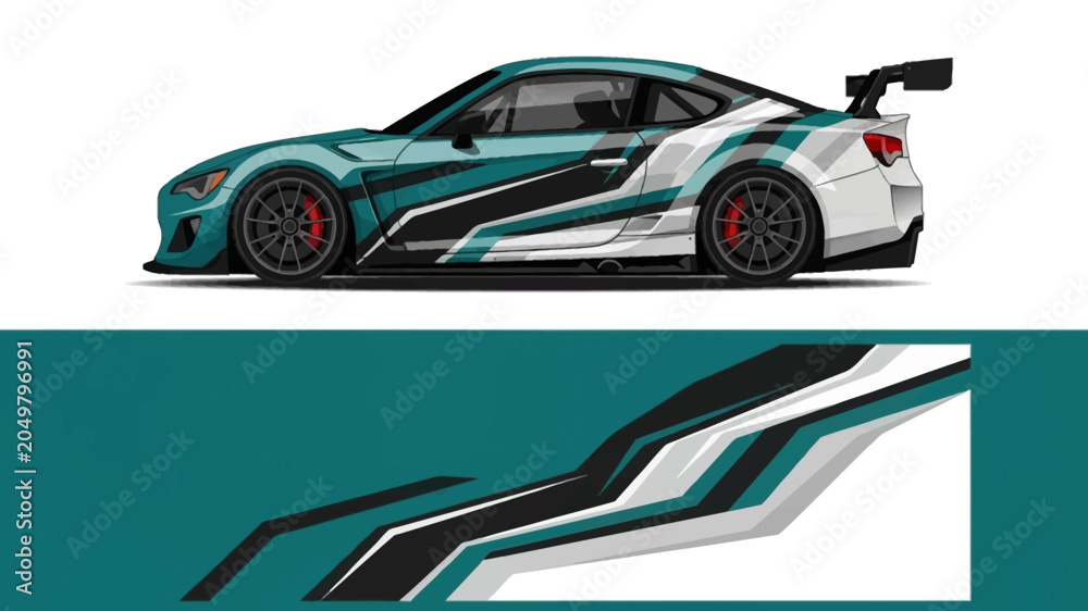 Obraz premium Sleek teal racing car with white and black graphics, showcased in dynamic sports design and aerodynamic styling.