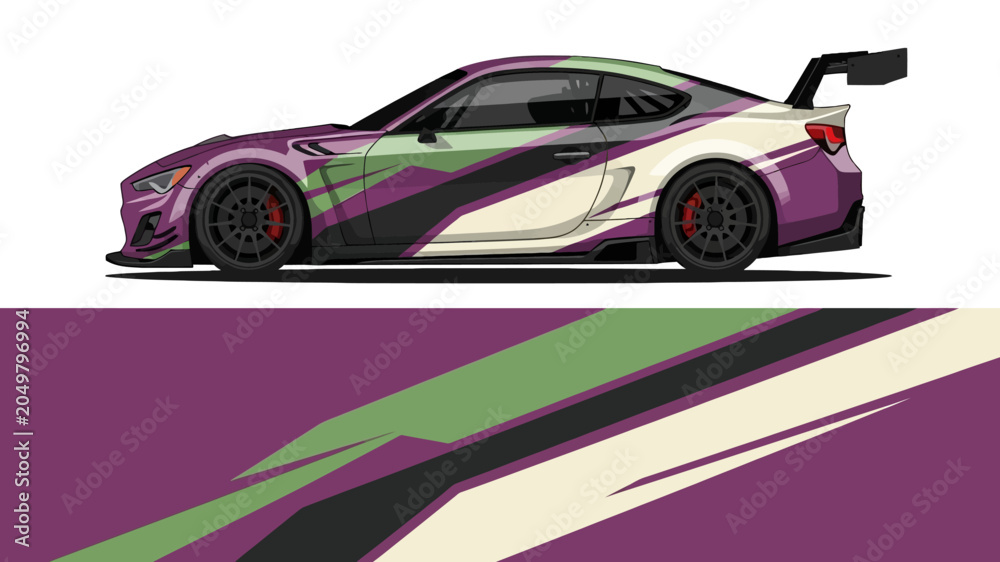 Fototapeta premium Dynamic sports car illustration featuring purple and green racing livery in motion.