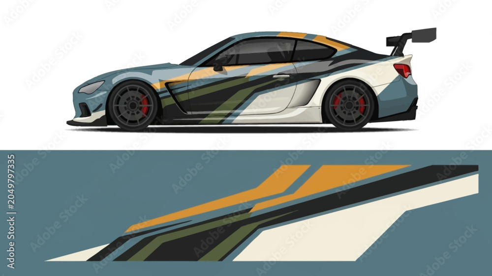 Fototapeta premium Sleek side-view racecar with bold stripes and aerodynamic styling.