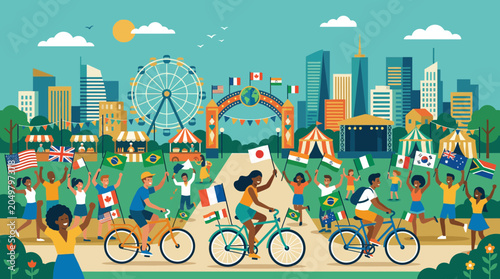 Εκτύπωση καμβά Diverse crowd celebrates with flags and bicycles at a vibrant outdoor festival n