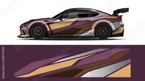 Sleek customized sports car with purple and gold wrap and racing decals.