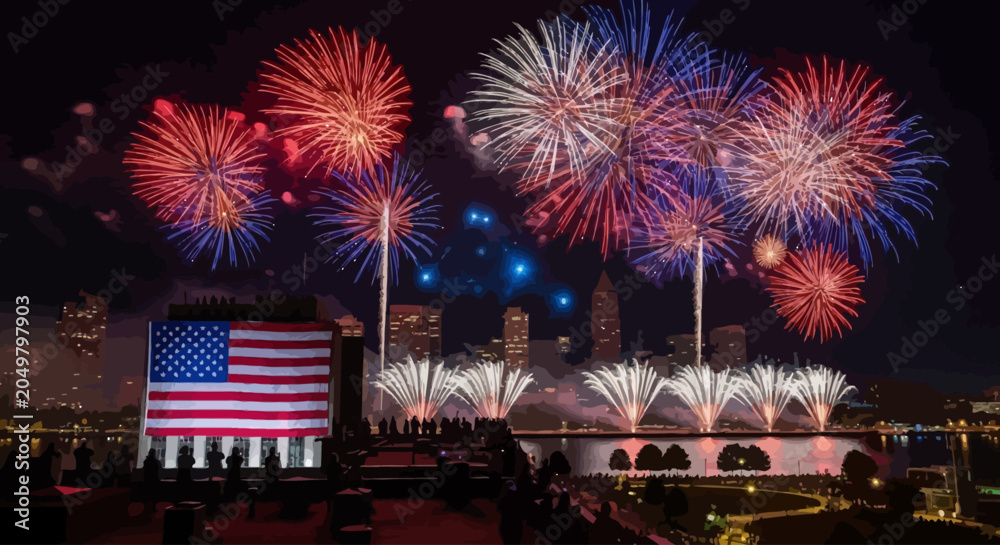 Obraz premium Vibrant Independence Day Fireworks Display with American Flag and City Skyline at Night