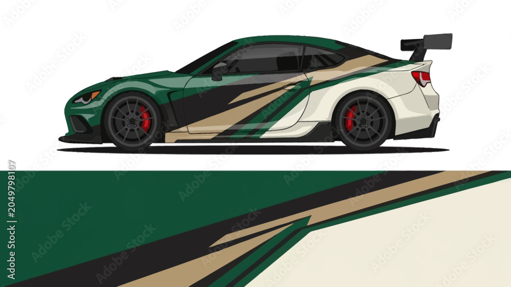 Fototapeta premium Dynamic green and cream sports car illustration with sleek profile and aerodynamic details.