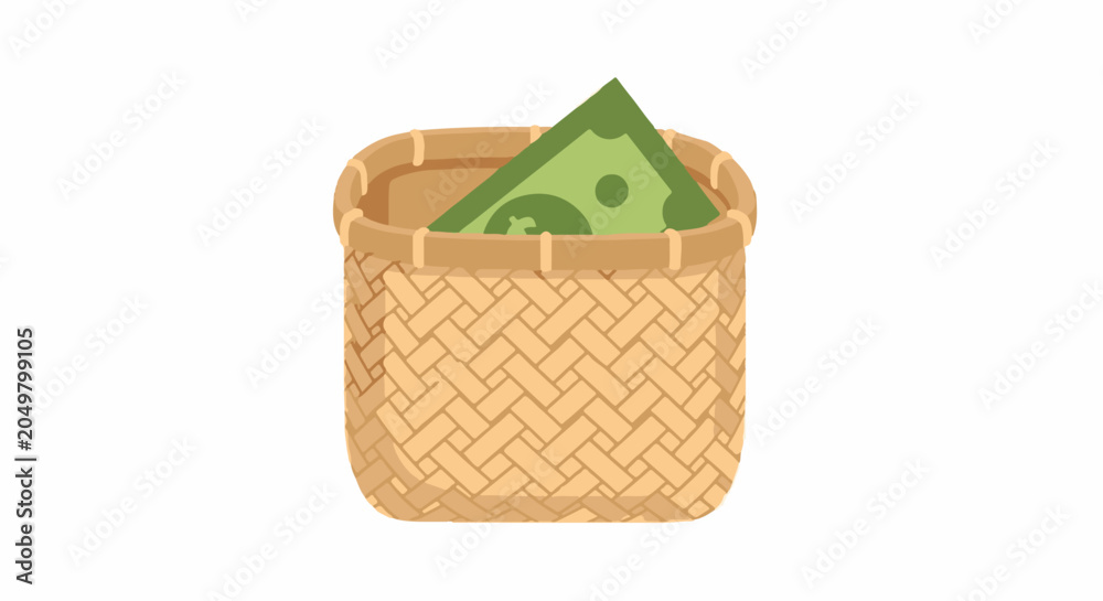 Obraz premium Woven basket filled with green paper money illustration.