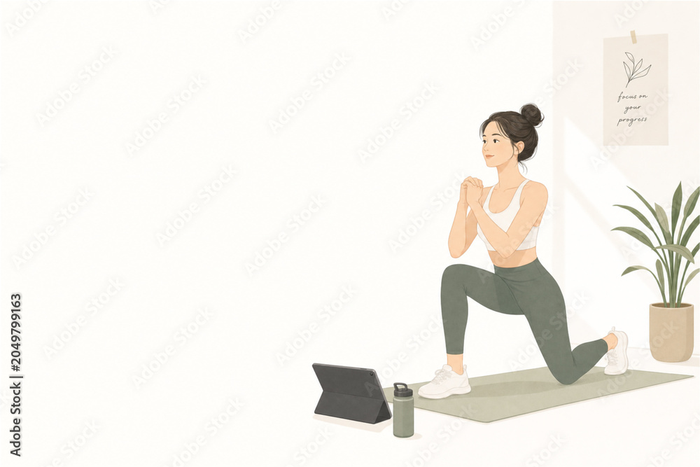 Fototapeta premium Flat illustration of a person doing home workout, healthy fitness and interior lifestyle concept,Generative AI
