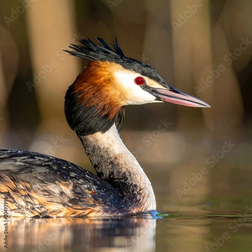 A bird with distinctive head and neck plumage swims on water