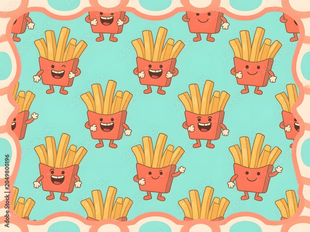 Fototapeta premium Retro French Fries Cartoon Seamless Border Pattern Vintage Fast Food Style
