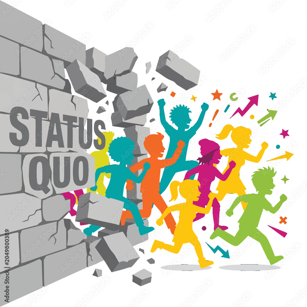 Naklejka premium Bold vector illustration of colorful kids breaking through a status quo brick wall