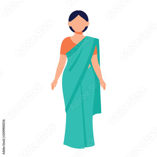 Woman in a turquoise saree stands in a simple vector illustration