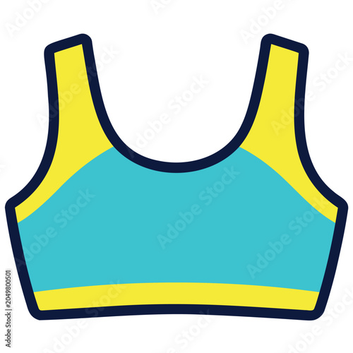 Illustration of a yellow and turquoise sports bra with thick navy blue outlines