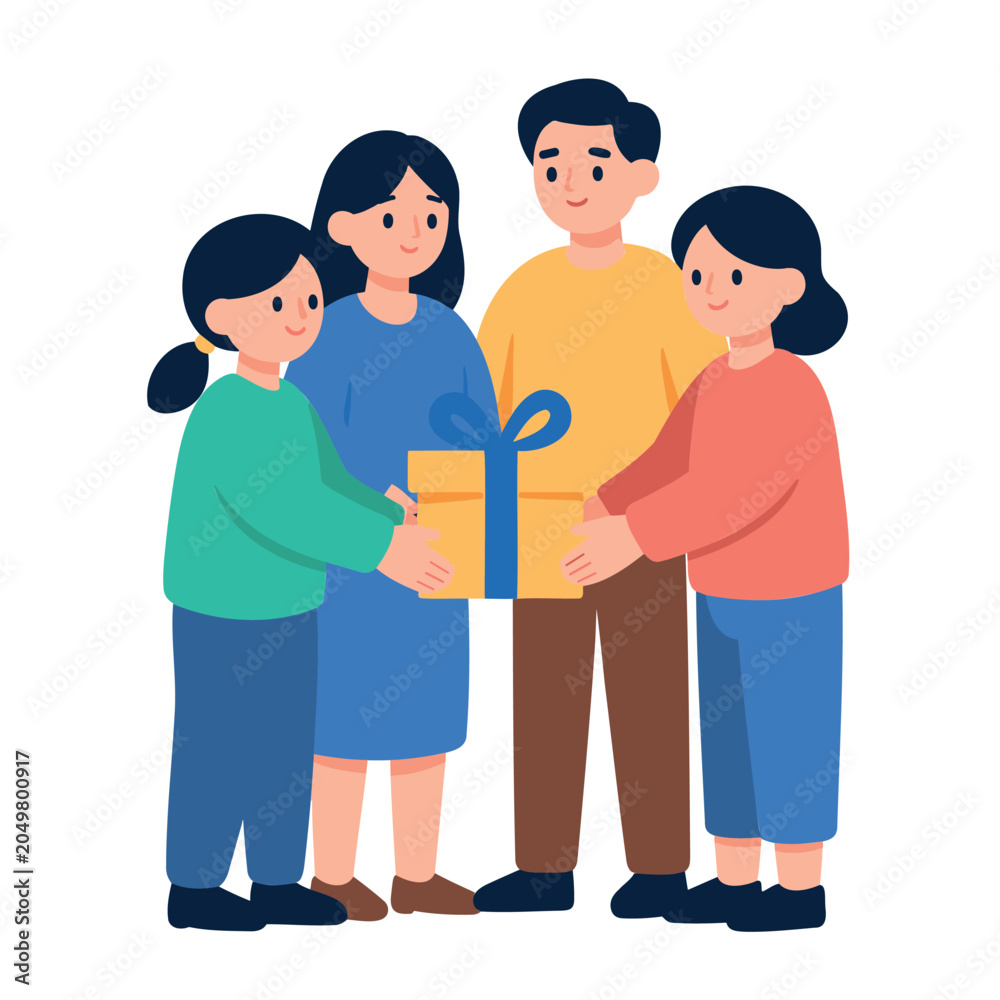 Fototapeta premium Family joyfully exchanges a gift, showcasing a heartwarming moment of togetherness