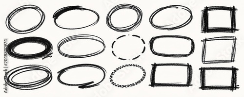Collection of hand-drawn sketchy circles and squares, perfect for design elements.