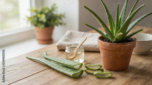 Aloe vera plant in terracotta pot with fresh sliced leaves and clear gel in a jar on a wooden table