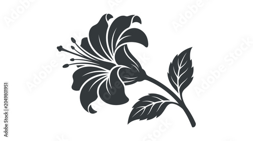 Obraz na plátne Elegant Dark Lily Flower Silhouette with Leaves on White Background