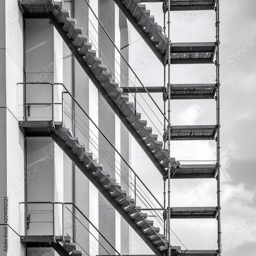 A black and white photograph of a building's exterior fire escape